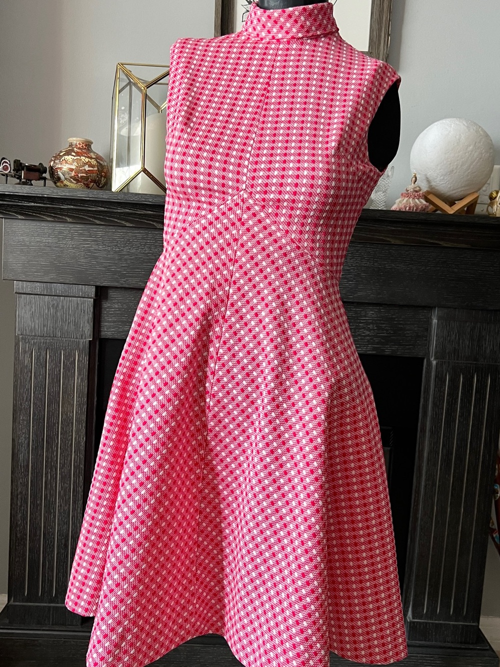 Vintage 60s Mod Mock Neck Pink Gingham A Line Rockabilly Space Age Atomic Dress